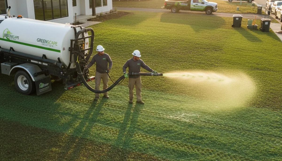 Professional hydroseeding service creating lush green lawn in Columbia, SC by Chop Chop Landscaping