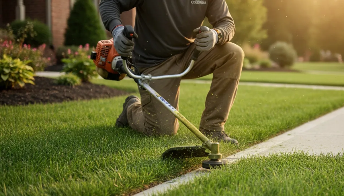 Technician edging Columbia SC lawn with string trimmer for precise, professional landscaping finish